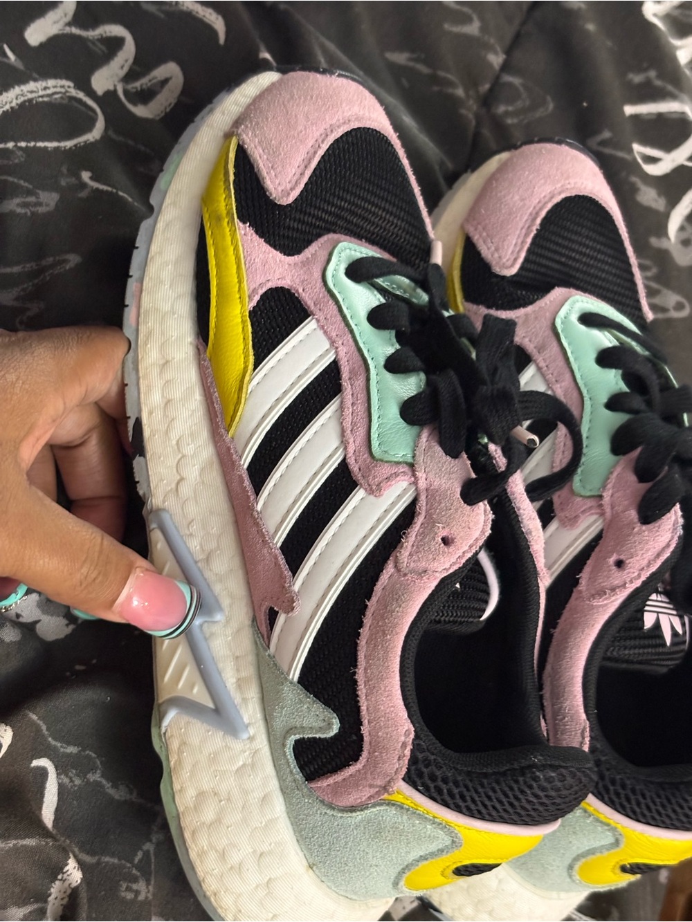 adidas Kids Black, Pink & Mint Sneakers with Yellow Accents